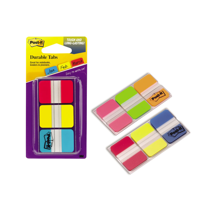Pašlīpošie indeksi Post-it Strong sarkanā, dzeltenā un zilā krāsās