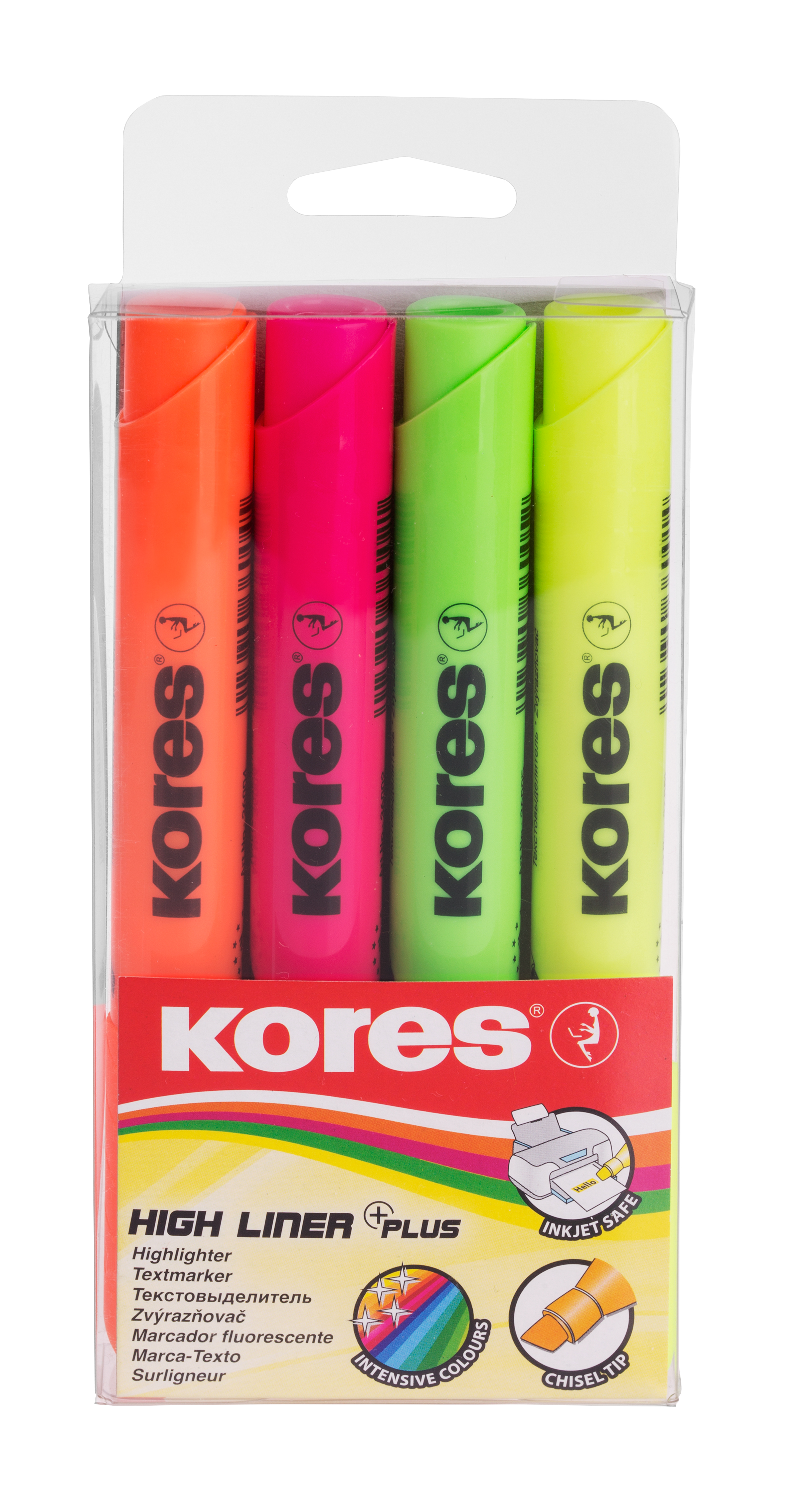 HIGH LINER PLUS, komplekts, jauktas krāsas, plastmasas korpusā - 4 gab. (dzeltens, rozā, oranžs)